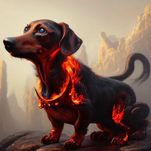 Prompt: a portrait of a fire elemental dachshund, fantasy concept art by Gerald Brom, highly detailed, intricate, sharp focus, Trending on Artstation HQ, deviantart, unreal engine 5, 4K UHD image