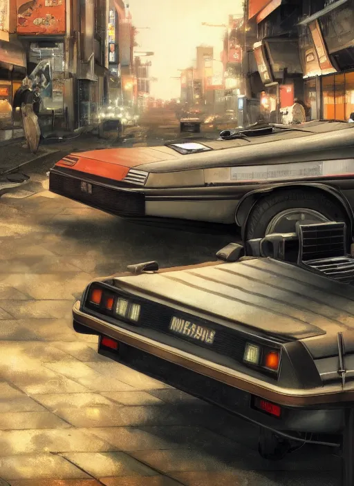 Image similar to 1 9 2 2 delorean in a japanese city, 4 k, greg rutkowski, highly detailed, retrofuturistic, artstation