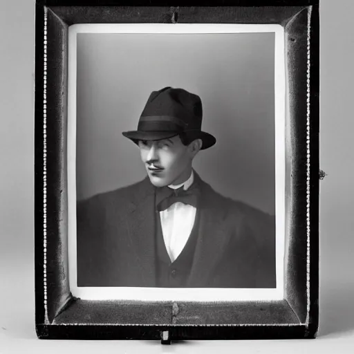 Image similar to a black and white photo of a man wearing a hat, a character portrait by george hurrell, featured on flickr, mannerism, studio portrait, chiaroscuro, 1 9 2 0 s