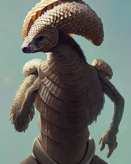 Image similar to highly detailed vfx portrait of a pangolin with white and gold cyborg scales, unreal engine, greg rutkowski, loish, rhads, beeple, makoto shinkai and lois van baarle, ilya kuvshinov, rossdraws, tom bagshaw, alphonse mucha, global illumination, detailed and intricate environment