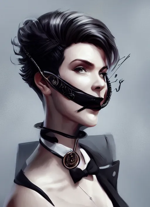 Image similar to a highly detailed illustration of beautiful short black messy haired woman wearing eyepatch!!! and noir style suit and tie, dramatic smiling pose, intricate, elegant, highly detailed, centered, digital painting, artstation, concept art, smooth, sharp focus, league of legends concept art, WLOP