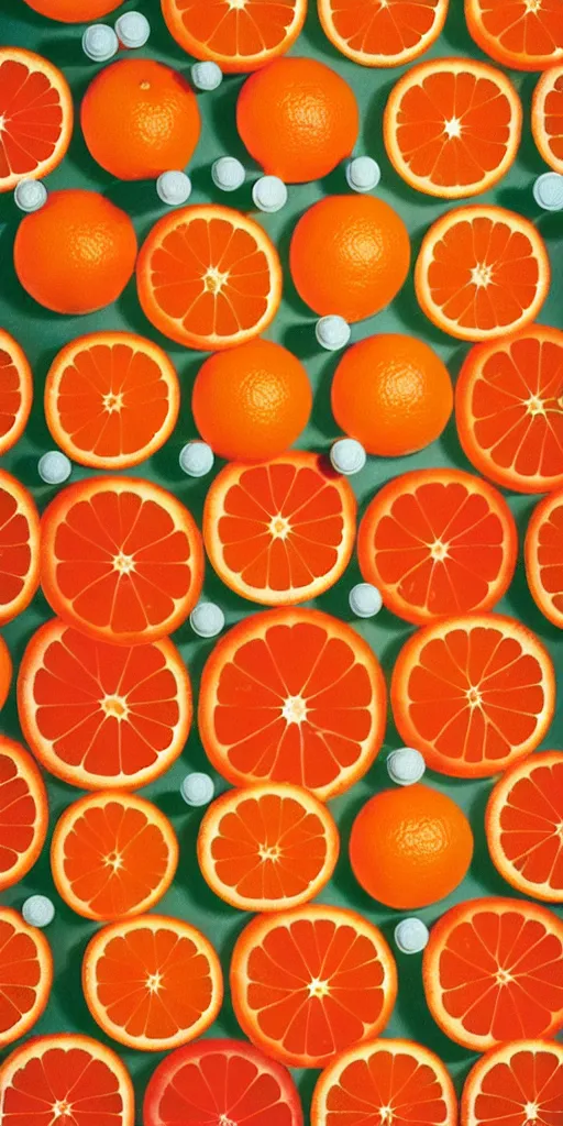 Prompt: campari and oranges organized in a seamless repeating pattern of campari and oranges, colourful, symmetrical, repeating 3 5 mm photography, in the style of toiletpaper magazine, surreal, high detail, photograph by slim aarons, wes anderson,