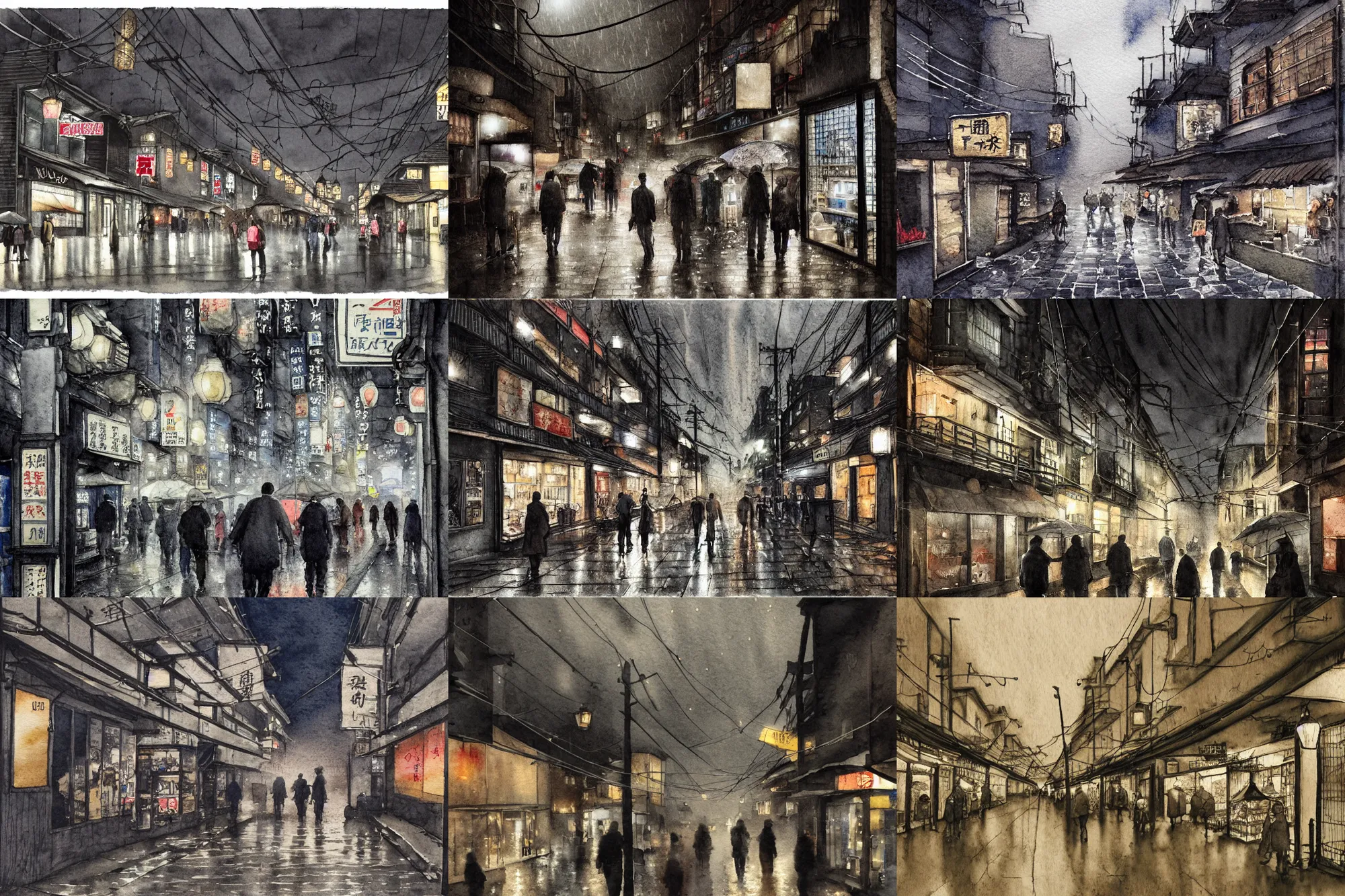 Prompt: street scene, low angle, tatsuyuki tanaka, night time, dark, moody, detailed watercolor, back lit, paper texture, movie scene, old japanese street market, people shopping, wet ground, raining, misty, lit lanterns strung between buildings, spot light, texture, grey cobble stones, dust, overhead wires, telephone pole, dusty, bluish colouring, pencil marks, hd, 4k, remaster, dynamic camera angle, deep 3 point perspective, fish eye, dynamic scene