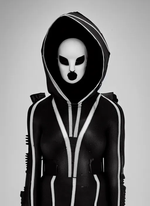 Prompt: found footage still of ASYMMETRICAL black and white gradient isolation-hood, cybergoth style, STRAITJACKET straps and industrial hardware, inspired by CRYOTHERAPY, designed by ann demeulemeester and nancy grossman, 8k, hyperrealistic, highly textured, dark volumetric lighting, desaturated