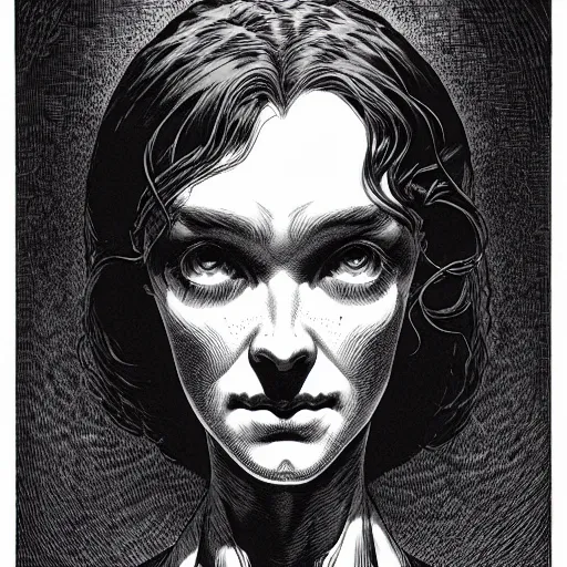 Image similar to portrait soft light, by bernie wrightson and killian eng and joe fenton, inspired by h p lovecraft, etching, fine, sharp high detail