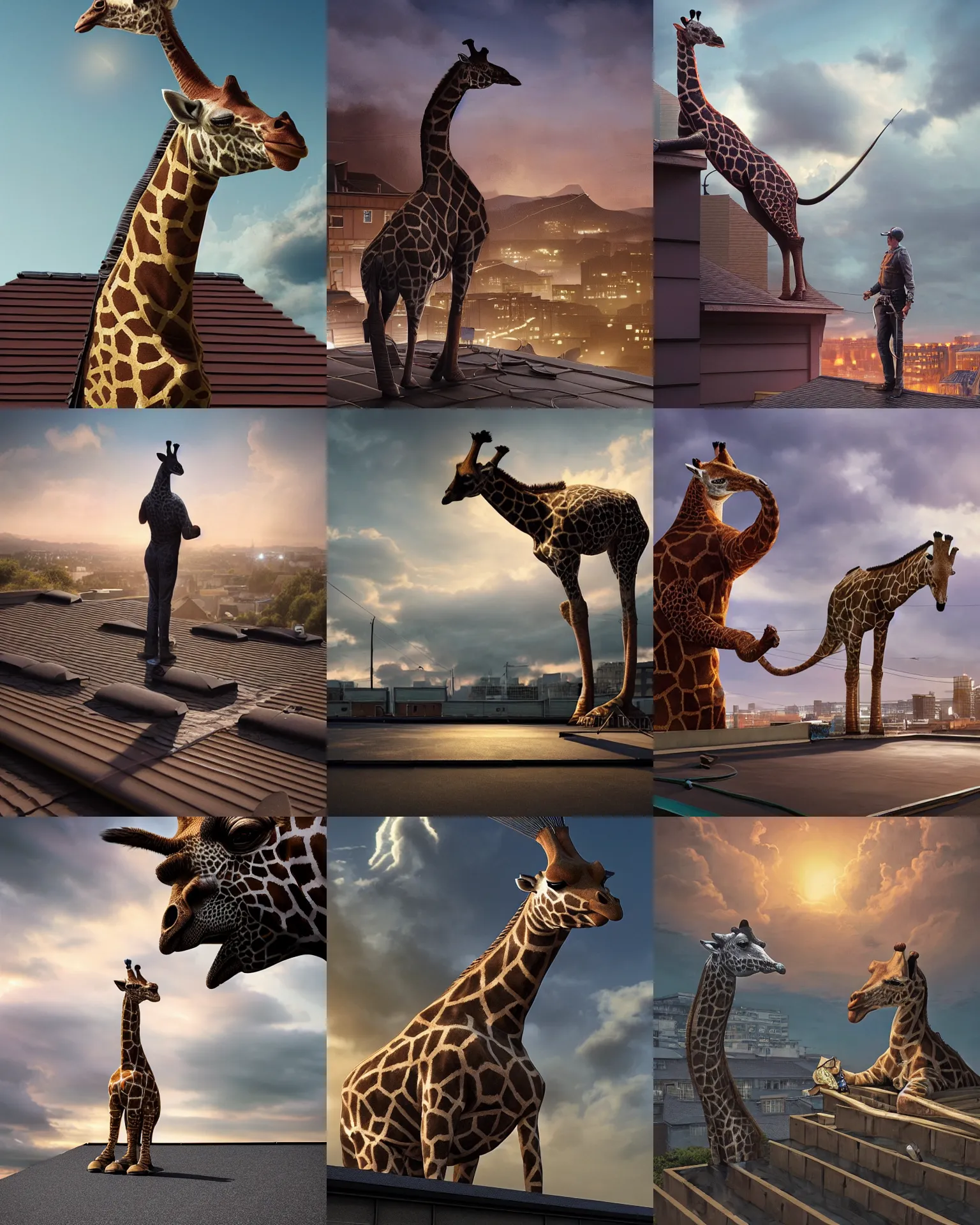 Prompt: rubber flat roofing installation services on garage roof halifax, fantasy, a giraffe standing on the roof, intricate, epic lighting, cinematic composition, hyper realistic, 8 k resolution, unreal engine 5, by artgerm, tooth wu, dan mumford, beeple, wlop, rossdraws, james jean, marc simonetti, artstation