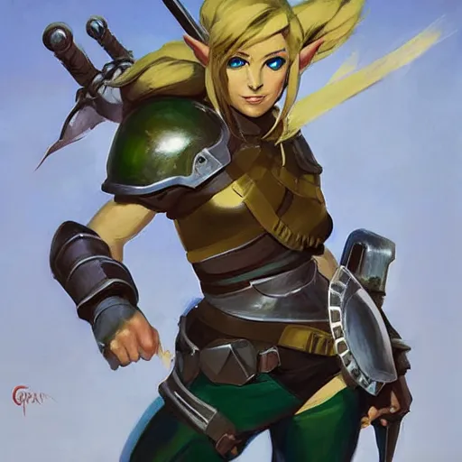 Image similar to greg manchess portrait painting of armored female link from legend of zelda as overwatch character, medium shot, asymmetrical, profile picture, organic painting, sunny day, matte painting, bold shapes, hard edges, street art, trending on artstation, by huang guangjian and gil elvgren and sachin teng