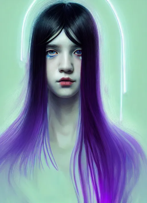 Image similar to hair whitebangs hair, black hair, blackbangswhitehair, portrait of teenage girl with white bangs, red irises, purple clothes, white bangs, bangs are different color from hair, intricate, elegant, glowing lights, highly detailed, digital painting, artstation, concept art, sharp focus, illustration, art by wlop, mars ravelo and greg rutkowski