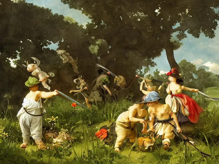 Prompt: an watercolour painting of Squirtles in a green meadow by carl spitzweg and tuomas korpi. baroque elements, full-length view. baroque element. intricate artwork by caravaggio. Trending on artstation. 8k