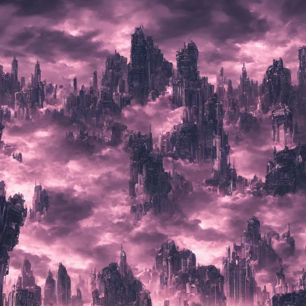 Image similar to 15081959 21121991 01012000 4k, highly detailed, sharp focus , fantasy city, futuristic cyberpunk, pink clouds