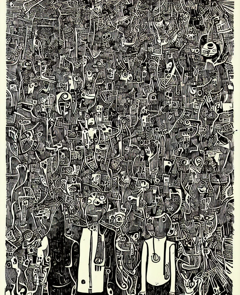 Image similar to a drawing of two people standing next to each other, a screenprint by michael deforge, featured on pixiv, orphism, concert poster, woodcut, poster art