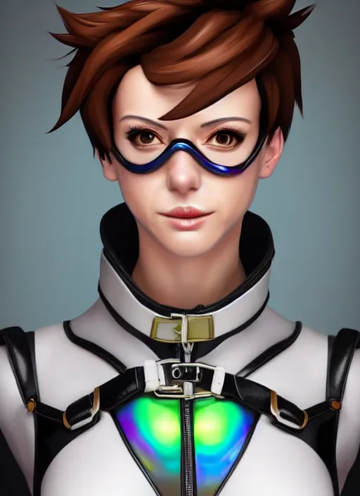 Image similar to portrait bust digital artwork of tracer overwatch, wearing white iridescent rainbow latex and leather straps catsuit outfit, 4 k, expressive happy smug expression, makeup, in style of mark arian, angel wings, wearing detailed black leather collar collar collar collar, chains, black leather harness, detailed face and eyes,
