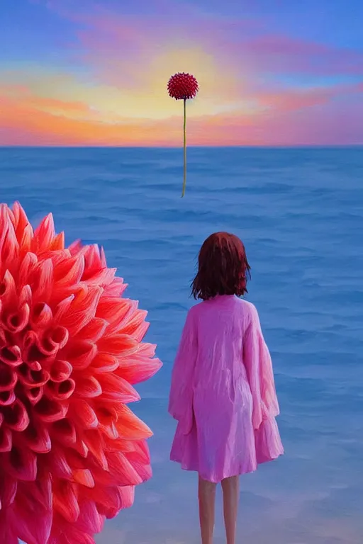 Image similar to closeup giant dahlia flower head, girl standing on beach, surreal photography, blue sky, sunrise, dramatic light, impressionist painting, digital painting, artstation, simon stalenhag