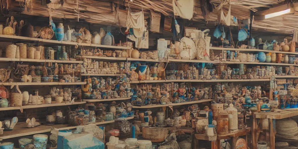 Prompt: interior of a sundry shop at pulau indah fishing village, near a jetty, half empty shelves, early morning, detailed matte painting, low angle view, telephoto lens, bokeh, studio ghibli, artstation