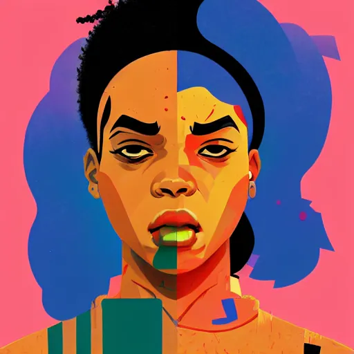 Image similar to Sachin Teng illustration of an angry afropunk female character, medium shot, asymmetrical, profile picture, trending on artstation