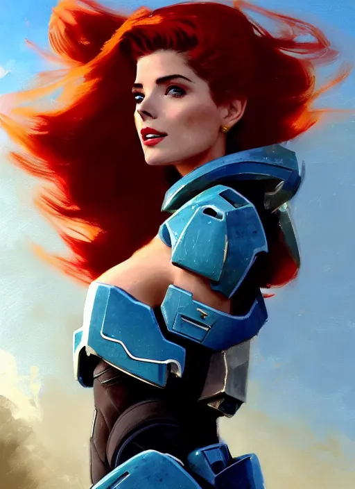 Image similar to A combination of Adriana Dxim's and Grace Kelly's and Ashley Greene's appearances with red hair wearing Forerunner armor from Halo, countryside, calm, fantasy character portrait, dynamic pose, above view, sunny day, thunder clouds in the sky, artwork by Jeremy Lipkin and Giuseppe Dangelico Pino and Michael Garmash and Rob Rey and Greg Manchess and Huang Guangjian, very coherent asymmetrical artwork, sharp edges, perfect face, simple form, 100mm