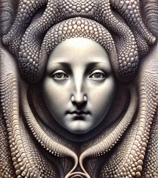 Image similar to detailed realistic beautiful scallop goddess face portrait by jean delville, gustave dore, iris van herpen and marco mazzoni, art forms of nature by ernst haeckel, art nouveau, symbolist, visionary, gothic, neo - gothic, pre - raphaelite, fractal lace, intricate alien botanicals, ai biodiversity, surreality, hyperdetailed ultrasharp octane render