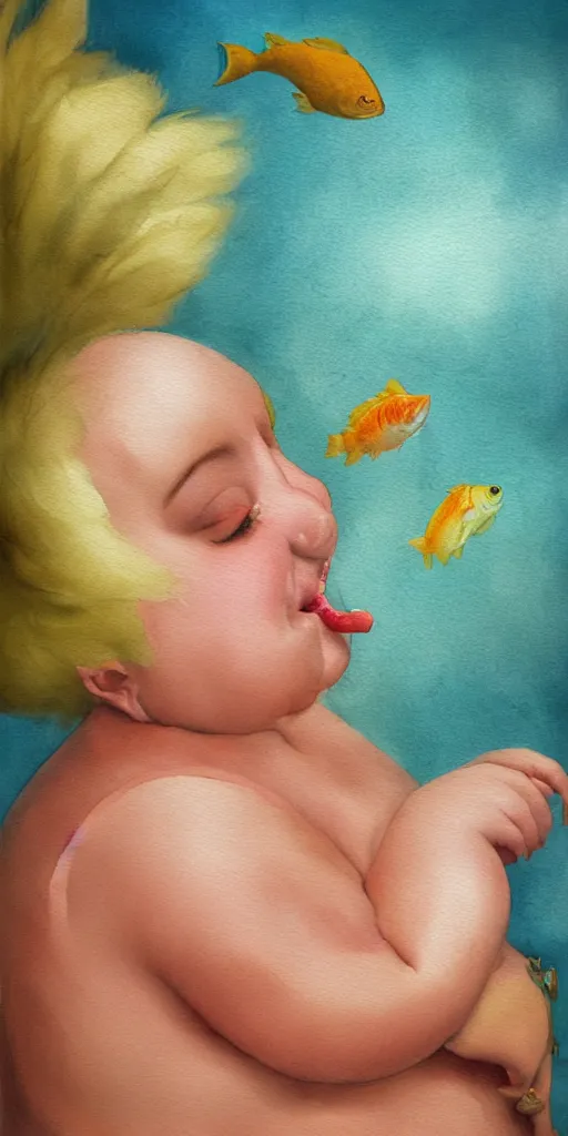 Image similar to a hype realistic oil painting of the most cute little fat girl kissing a huge colorful cute fish. hype realistic scene. old photography style. studio lighting. window. 3 d, octane render, deep focus, fashion style, white scene. very funny and sweet art. unreal engine. watercolor. fellini style. poster quality. da vinci painting style. illustration.