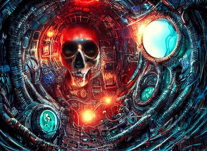 Prompt: a futuristic skull with glowing eyes and a wormhole tunnel cyberpunk art by android jones darksynth, synthwave
