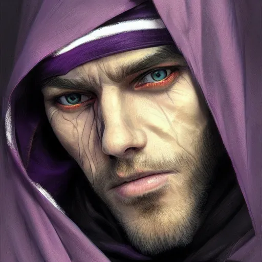 Image similar to ultra realistic illustration, man in a black hood, in a striped purple balaclava, mysterious, highly detailed, digital painting, artstation, concept art, smooth, sharp focus, illustration, art by artgerm and greg rutkowski and alphonse mucha