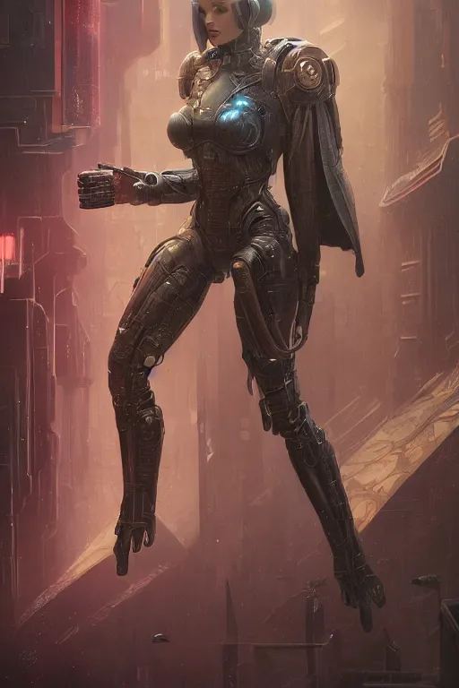 Image similar to female space android, sci-fi, blade runner, third person, D&D, sci-fi fantasy, intricate, highly detailed , art by artgerm and greg rutkowski and alphonse mucha and loish and WLOP, highly detailed, 3d, octane render, bright colors, digital painting, trending on artstation, sharp focus,