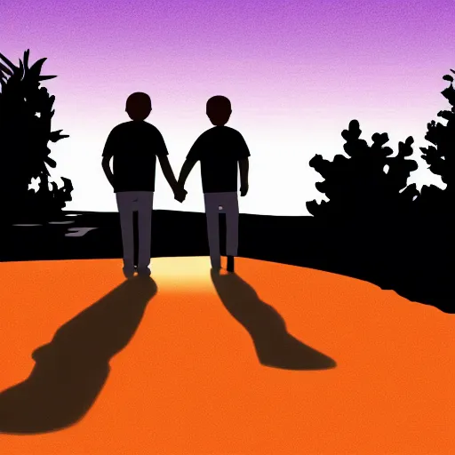 Prompt: digital illustration of a father and son holding hands while walking away into the sunset