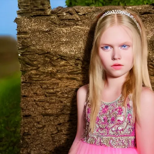 Image similar to a beautiful young princess with long blonde hair and blue eyes wearing a sleeveless elaborately beaded pink dress, high resolution film still, 8k, HDR color, film by Simon Langton and David Frankel