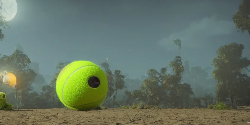 Prompt: a photo of 8 k ultra realistic giant tennis ball monster, tennis ball monsters, creepy, weird, horror, funny, exotic, cinematic lighting, trending on artstation, 4 k, hyperrealistic, focused, high details, unreal engine 5, cinematic, bright alien planet atmosphere in background, 3 d render by basil gogos and beeple