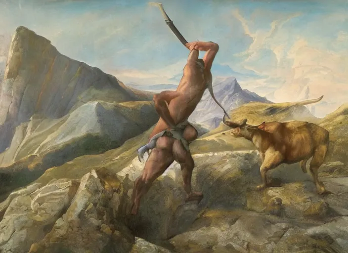 Prompt: a painting of a minotaur on a mountaintop giving a lecture on peak minotaur body fitness, and detailing how you too can achieve this perfection, epic painting, epic composition, trending on minotaurstation