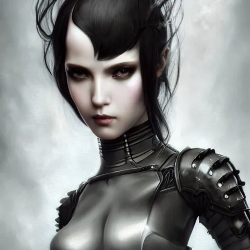 Image similar to By Tom Bagshaw, ultra realist soft painting of an attractive slim curvy cyberpunk anime female fully body armored, with thin lustrous long hair floating, photorealistic eyes render, looking at camera, curiosities carnival, symmetry accurate features, very intricate details, focus, dark fantasy background black and white