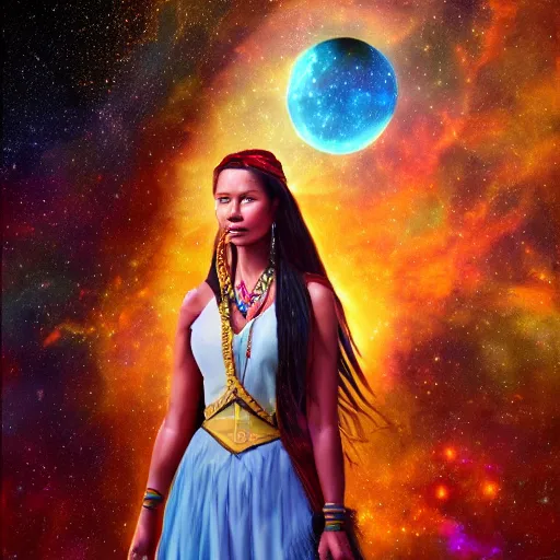 Prompt: a portrait of Pocahontas in the space with nebulae, realistic painting, high definition, digital art, matte painting, very detailed, realistic