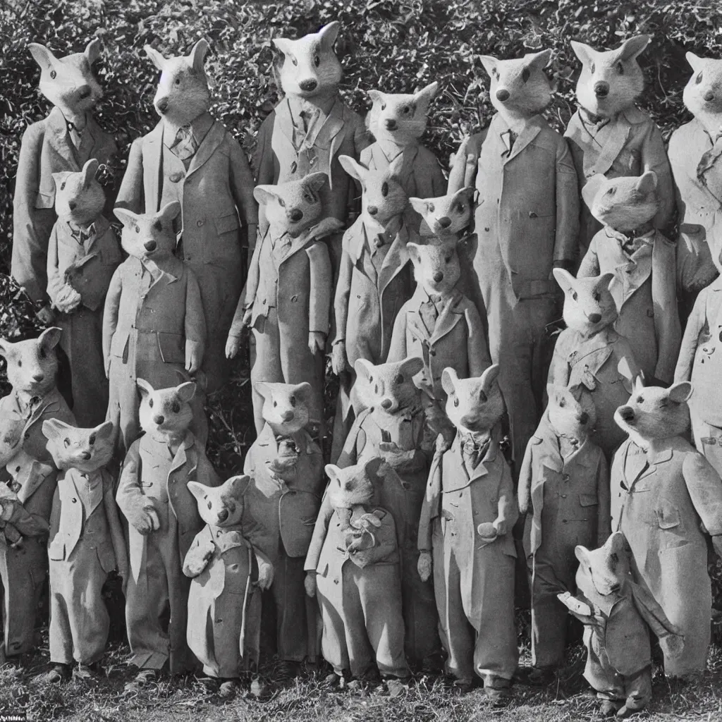 Image similar to a group of badgers in 1 9 4 0 s suits, standing upright like people, anthropomorphic, style of beatrix potter, rendered as a highly detailed photograph