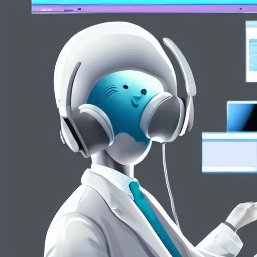 Image similar to An anthropomorphic grey dolphin in a white lab-coat playing games on a computer, digital painting, close-up, wearing a headset