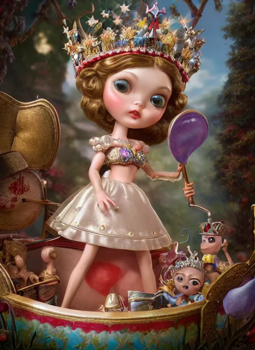 Image similar to highly detailed closeup, profile portrait of a tin toy fairytale princess wearing a crown, bikini, unreal engine, nicoletta ceccoli, mark ryden, earl norem, lostfish, global illumination, detailed and intricate environment