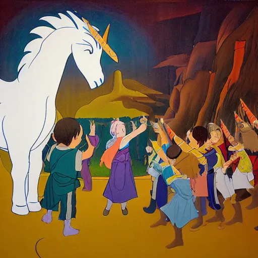 Prompt: avatar the last airbender by lawren harris, by mark lovett uneven. a photograph of a pantomime unicorn onstage, surrounded by a group of children who are clapping & cheering. the unicorn is wearing a sparkly costume & has a long, flowing mane. its horn is glittering & its eyes are wide open.