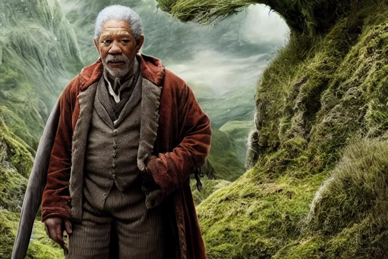 Prompt: promotional image of Morgan Freeman as Bilbo Baggins in The Hobbit: An Unexpected Journey (2012) directed by Peter Jackson, movie still, promotional image, imax 70 mm footage