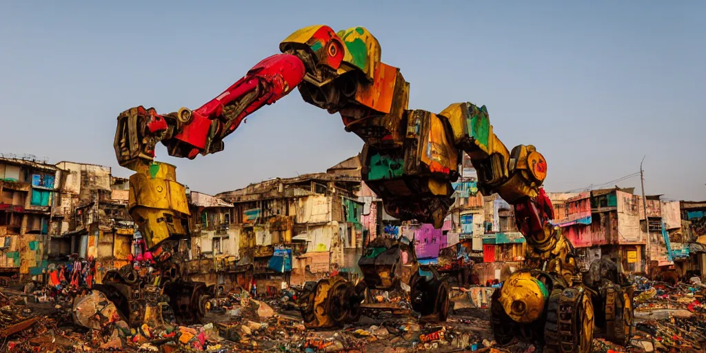 Prompt: colourful but destroyed giant mecha ROBOT of AJEGUNLE SLUMS of Lagos, markings on robot, Golden Hour,