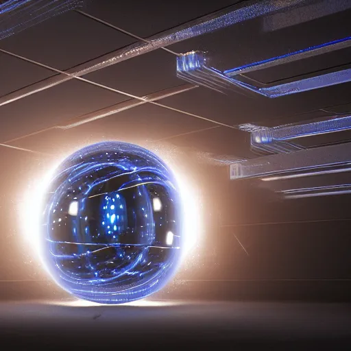 Prompt: chrome orb surrounded by short glowing rods, blue tones, octane render, cinematic, dramatic lighting, beautiful cgi, redshift renderer, splash page, graphic design