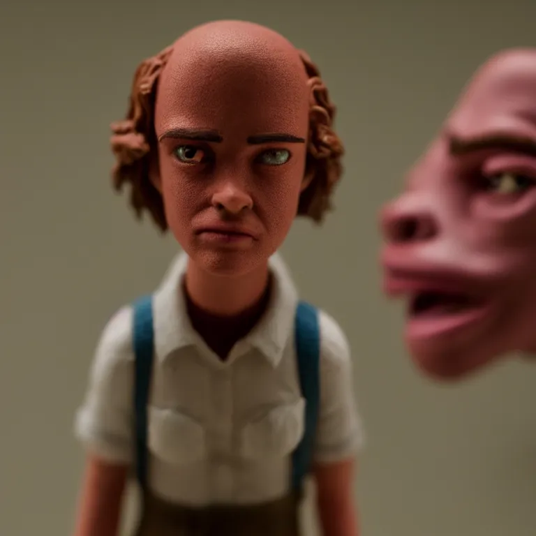 Image similar to a cinematic film still of a claymation stop motion film stranger things, portrait, shallow depth of field, 8 0 mm, f 1. 8