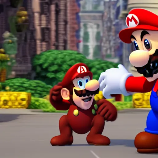 Image similar to a beautiful photo of mario fighting donky kong in the street, ultimate octane render, 8 k