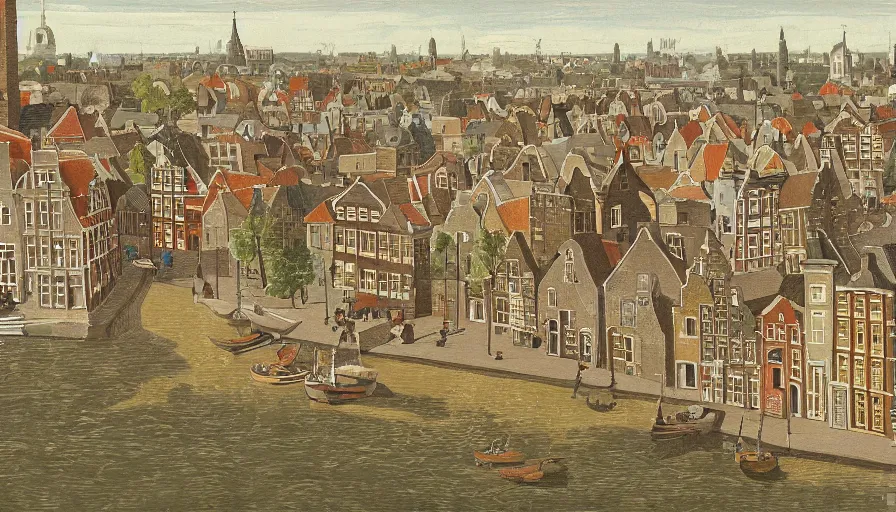 Prompt: dutch townscape scene, isometric view, painting