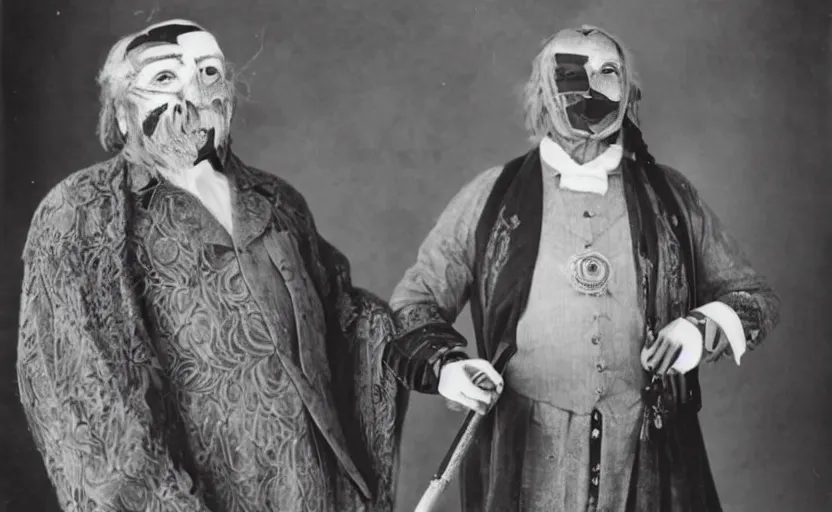 Image similar to a burly man in a gentleman's dress. he has long gray hair and a silver mask on his face. the mask has beautiful patterns. he wears white gloves and holds a walking stick inlaid with ruby.