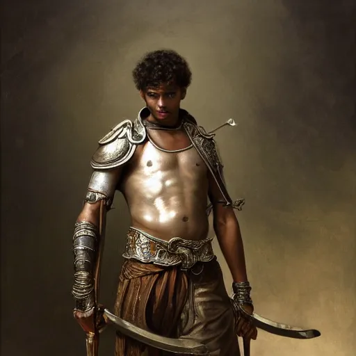 Prompt: artstation concept of a Young man with a bare upper body holding a sword in both hand, brown skin, silver garment, shiny colorful, hyperdetailed, artstation trending, world renowned artists, worth1000.com, historic artworks society, antique renewel, cgsociety, by greg rutkowski, by Gustave Dore, Deviantart