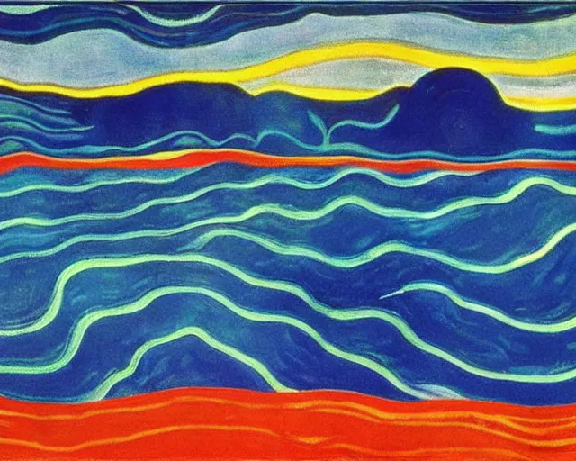 Image similar to Ocean waves in a psychedelic dream world. DMT. Curving rivers. Craggy mountains. Landscape painting by Edvard Munch. David Hockney. Wayne Thiebaud.