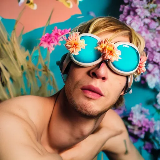 Image similar to close up kodak portra 4 0 0 photograph of a skinny guy with blonde hair laying in a tub of milk, aerial view, wearing goggles, flower crown, moody lighting, telephoto, 9 0 s vibe, blurry background, vaporwave colors, faded!,