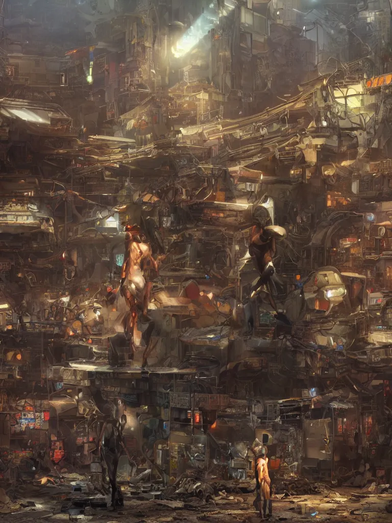 Prompt: concept art of a humanoid standing in a junkyard, back - view, technology screens glowing, hyper maximalist, matte painting, ultra detail, concept art, hyper realistic, photorealistic, cgsociety, hyper maximalist, artstation, cgsociety, style by jon foster and feng zhu and tyler edlin, octane render, anime style