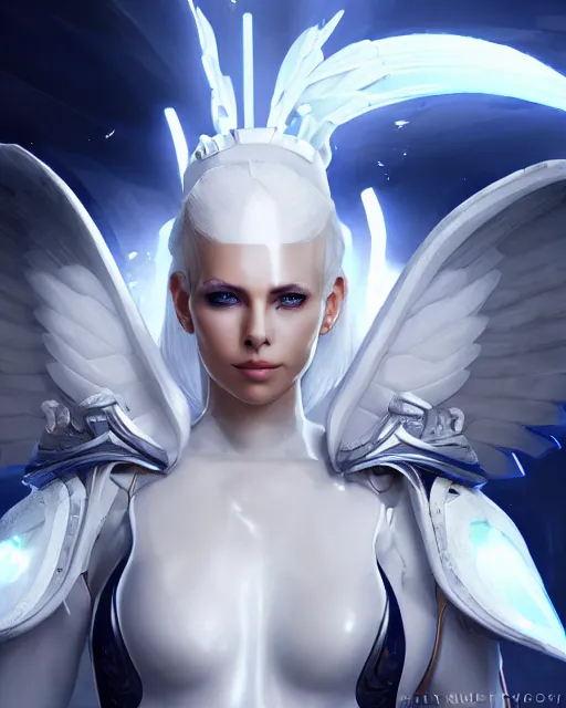 Image similar to perfect white haired attractive egyptian goddess with huge white dove wings, warframe armor, beautiful, symmetric, charlize theron, half asian, pretty face, blue eyes, cyborg, scifi platform, laboratory, experiment, 4 k, ultra realistic, epic lighting, android body, illuminated, cinematic, masterpiece, art by akihito tsukushi, voidstar