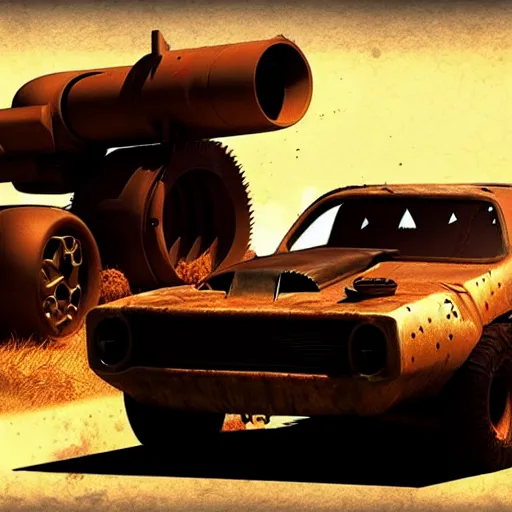 Image similar to madmax car supercharger and cannon, artstation, fantasy