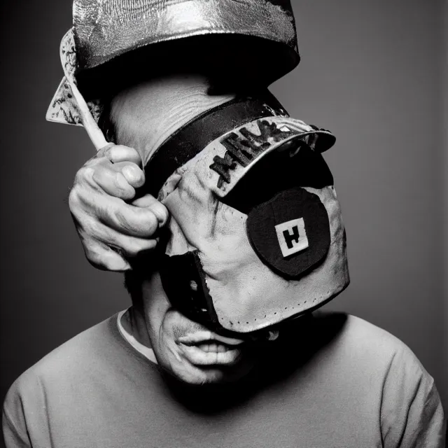 Prompt: Chaves El Chavo del Ocho wearing the MF Doom mask. a black and white photograph close-up studio portrait by Robert Mapplethorpe. Tri-x. Madvillain album cover