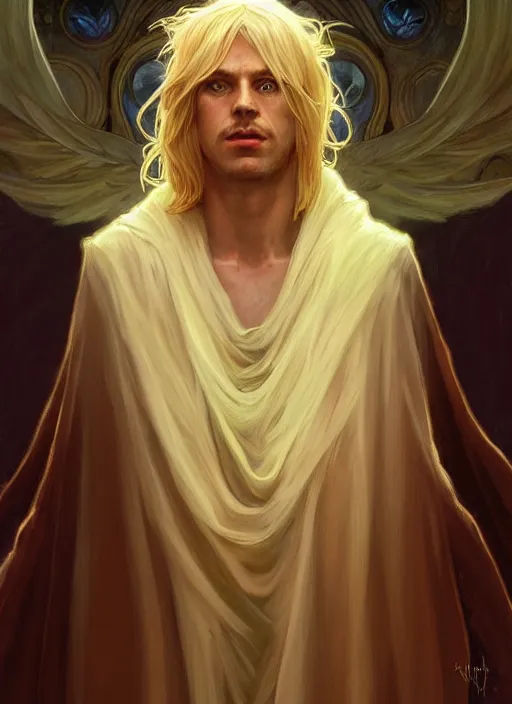 Prompt: Portrait of Clive Palmer, blonde shaggy hair, cloak, ethereal wings, fantasy, extremely detailed, digital painting, artstation, concept art, smooth, sharp focus, illustration, stunning lighting, art by artgerm and greg rutkowski and alphonse mucha and simon stalenhag, realistic character concept, high fantasy, light atmosphere, golden ratio, cinematic lighting, hyperdetailed, high resolution, insanely detailed and intricate, artstation, Marc Simonetti, Greg Rutkowski, 8k